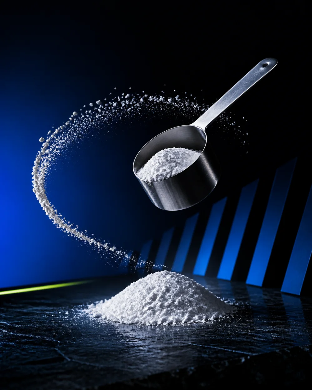 Editorial image of a precise metal scoop, white powder, and controlled particles moving in an arc