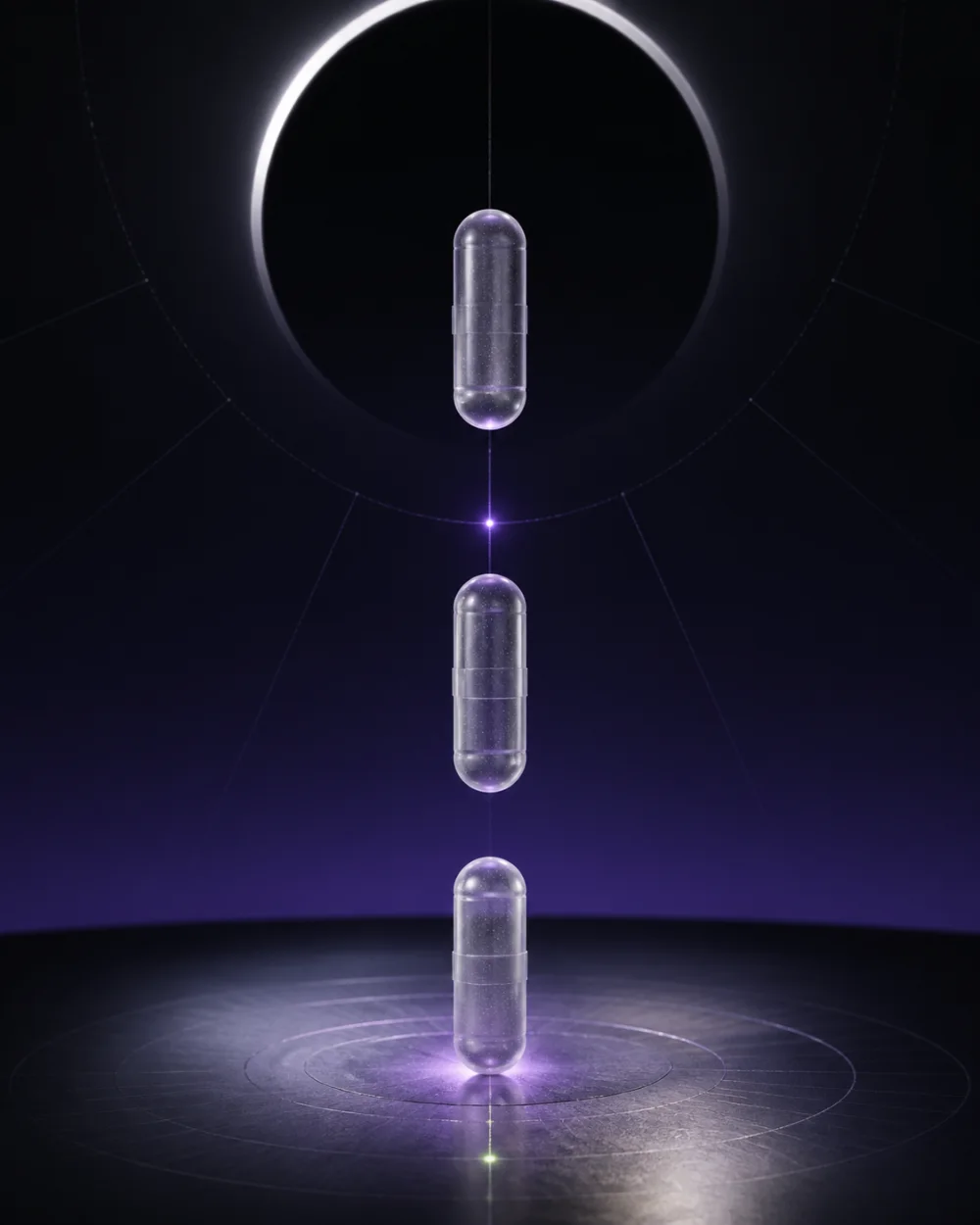 Editorial image of exactly three neutral capsule forms aligning in a violet evening scene