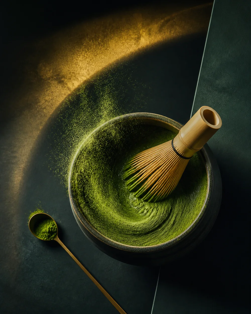 Editorial overhead image of matcha powder, a ceramic bowl, whisk, and measuring teaspoon